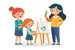 Group of elementary school kids having an art lesson with their teacher Flat illustration on white background vector