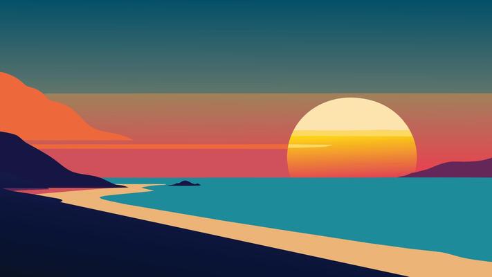 Colorful spring sunset from the Giallonardo beach, Sicily, Italy, Mediterranean sea, Europe. flat illustration, Beauty of nature background