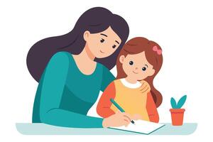 Young working mom writing notes while embracing her daughter, flat illustration vector