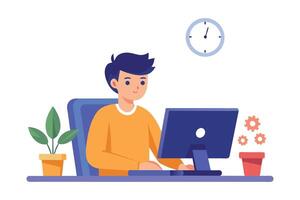 Young professional engaged in software development at a tech company's open office, flat illustration vector