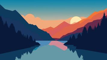 Colorful summer sunrise on the Vorderer Gosausee lake in the Austrian Alps. Austria, Europe. Flat illustration Nature Background vector