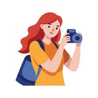 joven mujer fotografiando contento momentos de aventuras con un cámara, plano ilustración en blanco antecedentes vector