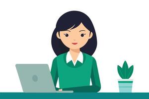 Asian business woman working on a laptop flat illustration on white background vector