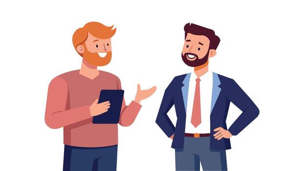 Happy businessmen engaging in casual conversation at a networking event, flat illustration on white background vector