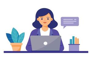 profesional mujer teniendo un en línea reunión en un computadora portátil, plano ilustración. vector