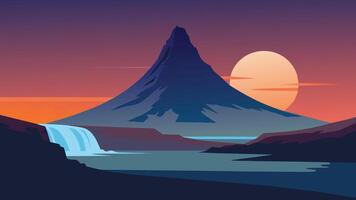 Kirkjufell montaña. vistoso noche panorama de Snaefellsnes península, Islandia, Europa. plano ilustración naturaleza antecedentes. vector