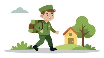 contento joven soldado volviendo hogar desde el Ejército plano ilustración en blanco antecedentes vector