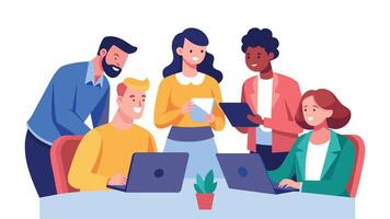 Collaborative business meeting with a diverse group of professionals in a tech company, flat illustration on white background vector