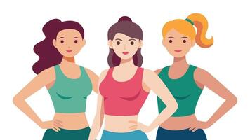 Celebrating sport and fitness Three young women standing in a studio wearing fitness clothing flat illustration on white background vector