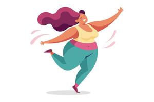 emocionado mujer Moviente su ajuste y curvilíneo cuerpo en un divertido danza plano ilustración en blanco antecedentes vector