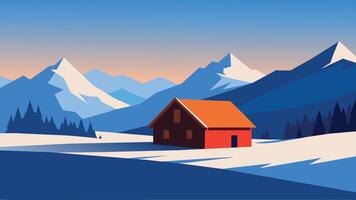 Old farm in the mountains at winter. Flat illustration Beauty of nature background vector