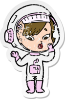 distressed sticker of a cartoon astronaut woman png