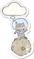 cute cartoon astronaut cat with thought bubble as a distressed worn sticker png