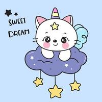 linda gato unicornio en nube kawaii gatito vector