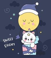 Cute cat unicorn lover on moon balloon sweet dream fairy tale vector