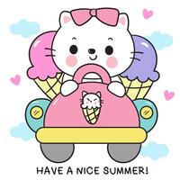 Cute cat delivery ice cream on car vector