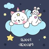 Cute unicon cat sleeping on cloud with bunny rabbit vector