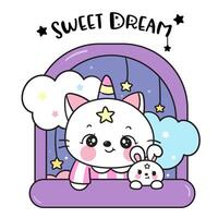 Cute cat unicorn lover with bunny rabbit sweet dream fairy tale vector