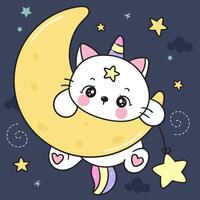 Cute cat on moon sleeping animal good night vector