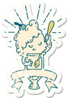 worn old sticker of a tattoo style ice cream character png