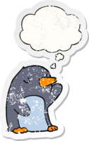 cartoon penguin with thought bubble as a distressed worn sticker png