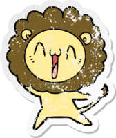 distressed sticker of a happy cartoon lion png