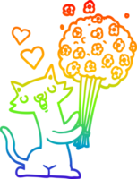 rainbow gradient line drawing of a cartoon cat in love with flowers png