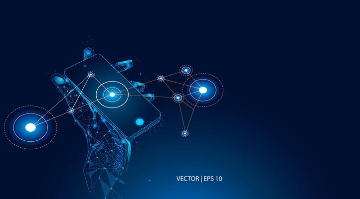 illustration. A hand is holding a cellphone displaying connected graphics, forming modern technology, big data, and communication. Abstract low poly modern background