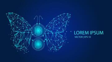 Abstract butterfly and bitcoin on a light background. Futuristic technology, cryptocurrency, digital money, cryptography, blockchain trading, BTC, mining, and steaking concepts. illustration vector