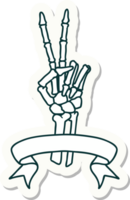 tattoo style sticker with banner of a skeleton giving a peace sign png