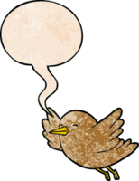 dessin animé oiseau en volant avec discours bulle dans rétro texture style png