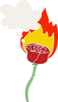 cartoon flaming rose with thought bubble in retro style png