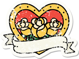 tatouage d'autocollant en détresse dans le style traditionnel d'un coeur et d'une bannière avec des fleurs png