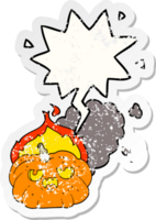 cartoon flaming halloween pumpkin with speech bubble distressed distressed old sticker png