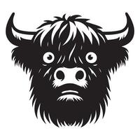 Cattle Face Logo - A frightened Highland cattle face illustration in black and white vector