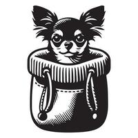 A Chihuahua Peeking out from a cozy bag illustration in black and white vector