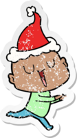 feliz mão desenhado angustiado adesivo desenho animado do uma Careca homem vestindo santa chapéu png