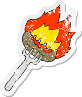 retro distressed sticker of a cartoon sausage on fork png