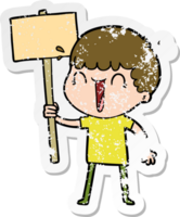 distressed sticker of a laughing cartoon man waving placard png