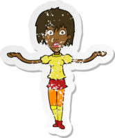 retro distressed sticker of a cartoon woman shrugging shoulders png