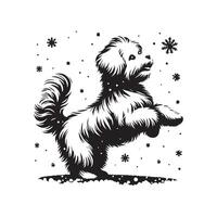 Joyful Maltese Playing in Snow illustration in black and white vector