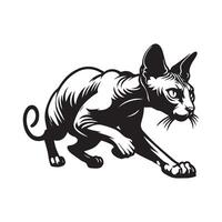 A Sphynx cat in a pouncing pose illustrated in black and white vector