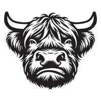Highland cattle - A disgusted Highland Cow face illustration in black and white vector