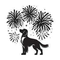 illustration of a Springer Spaniel watching fireworks in black and white vector