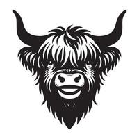 Cattle - A hopeful Highland cattle face illustration in black and white vector