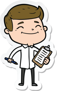 adesivo de um homem de desenho animado feliz fazendo pesquisa png