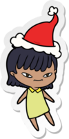 main tiré autocollant dessin animé de une femme portant Père Noël chapeau png