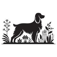 ilustración de un saltador spaniel planteado majestuosamente en un jardín en negro y blanco vector