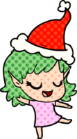 happy hand drawn comic book style illustration of a elf girl wearing santa hat png