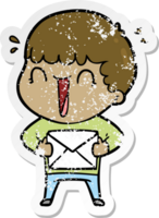 distressed sticker of a laughing cartoon man with letter png